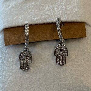 Stainless Steel CZ Hamsa Hoop Earrings Silver-Tone Dangle Protection Charms NWT